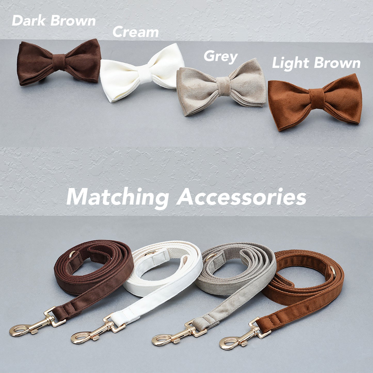 Personalized Dog Collar, Multiple Colors Velvet, Leash Set with Bow,Brown,Grey,White,Engraved Pet Name Plate Metal Buckle,Wedding Puppy Gift