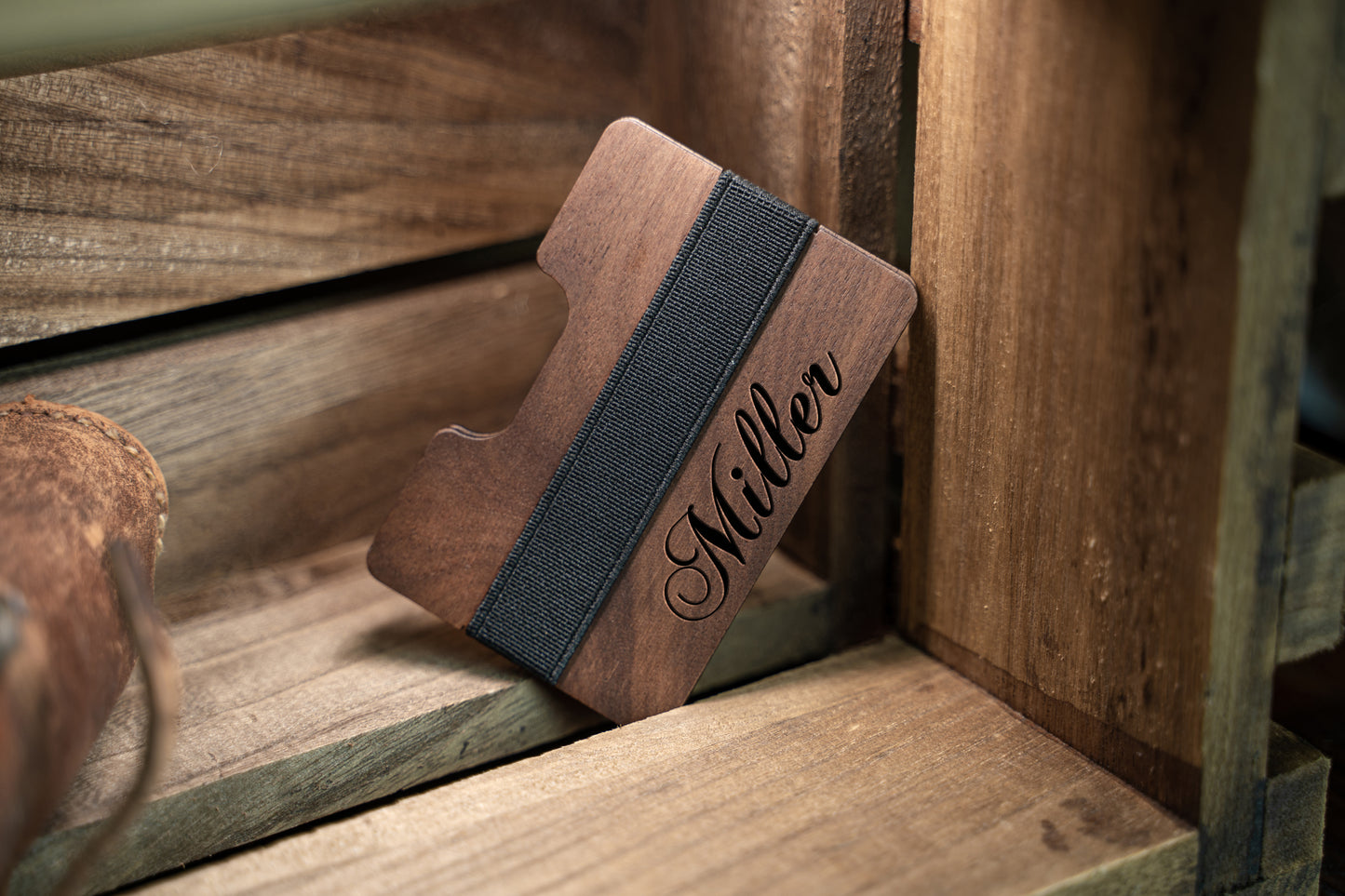 Personalized Mens Credit Card Wallet, Walnut Wood Wallet Rubber Band