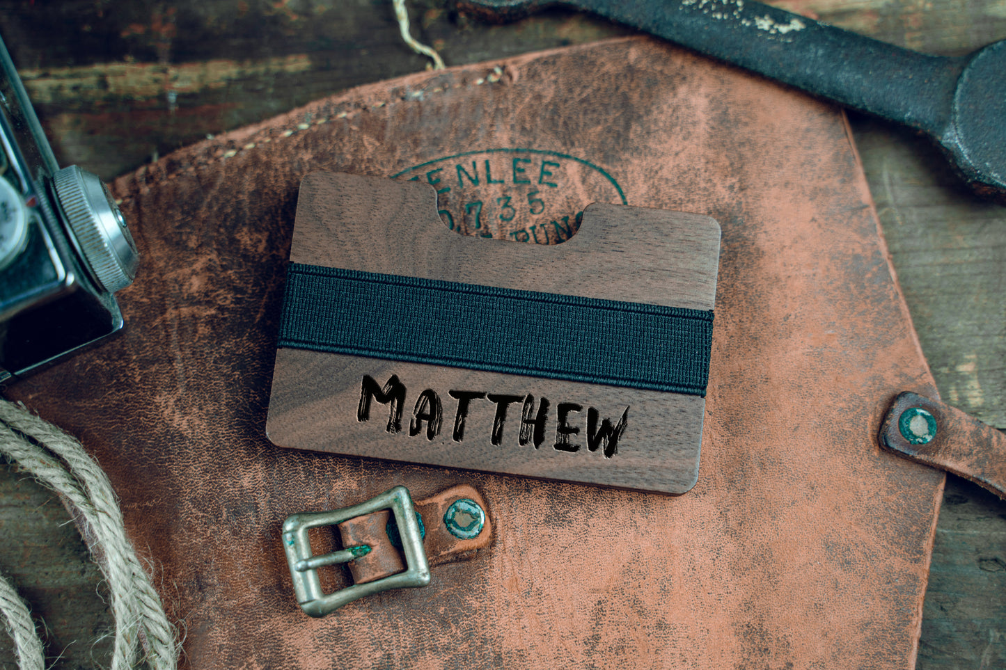 Personalized Mens Credit Card Wallet, Walnut Wood Wallet Rubber Band