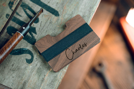 Personalized Mens Credit Card Wallet, Walnut Wood Wallet Rubber Band