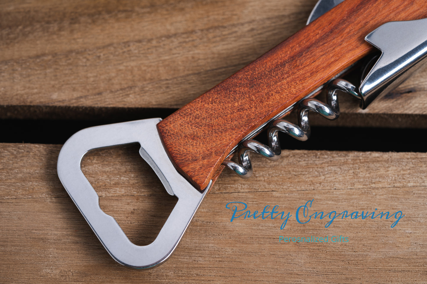 Engraved Corkscrew Opener, Personalized Wooden Bottle Opener