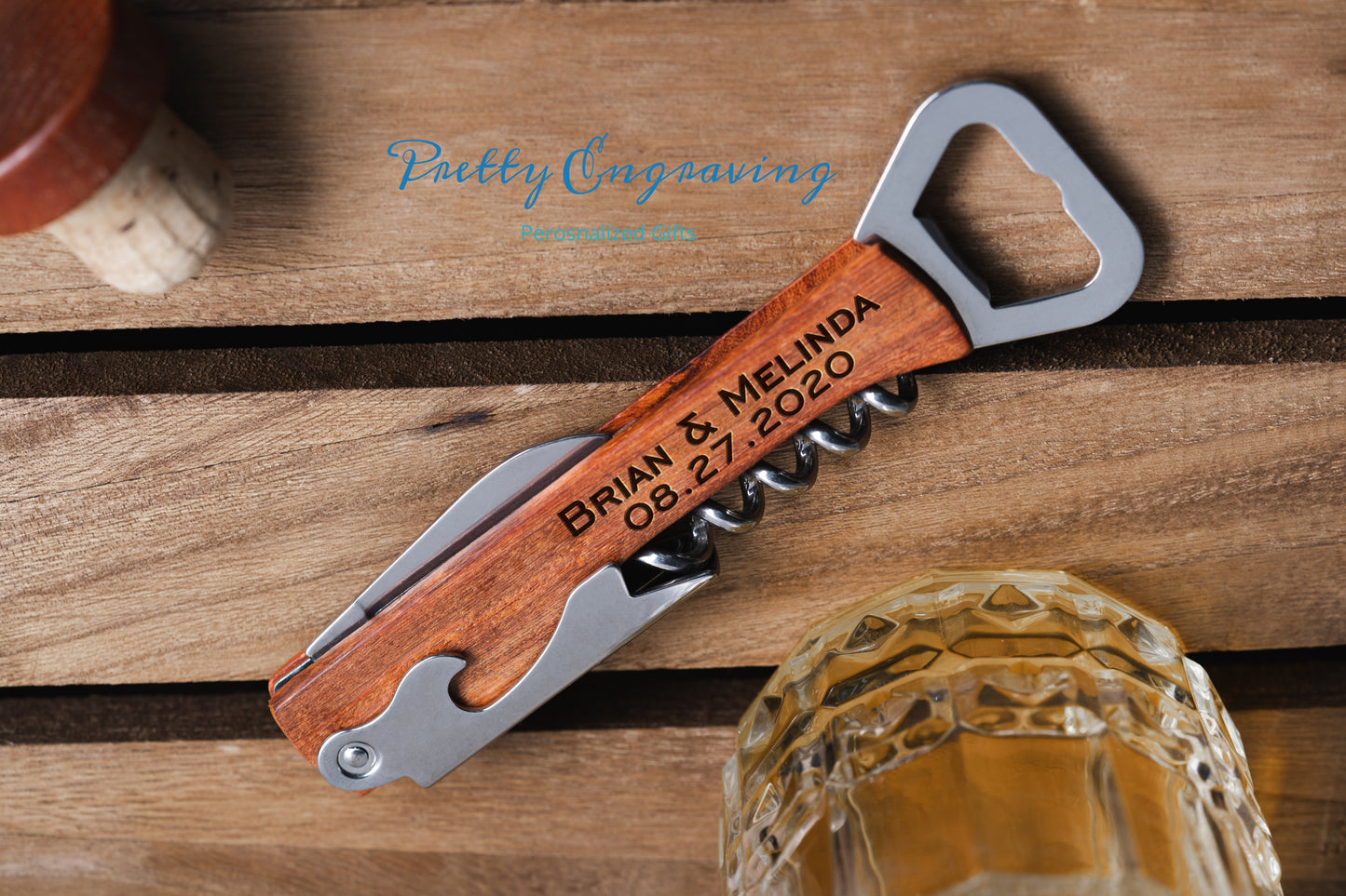 Engraved Corkscrew Opener, Personalized Wooden Bottle Opener