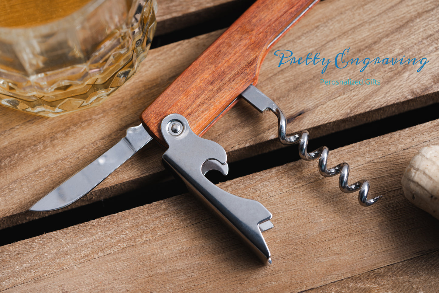 Engraved Corkscrew Opener, Personalized Wooden Bottle Opener