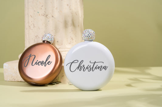 Personalized Round Flasks with Rhinestone Lid for Bridesmaid Gifts, Flask For Women