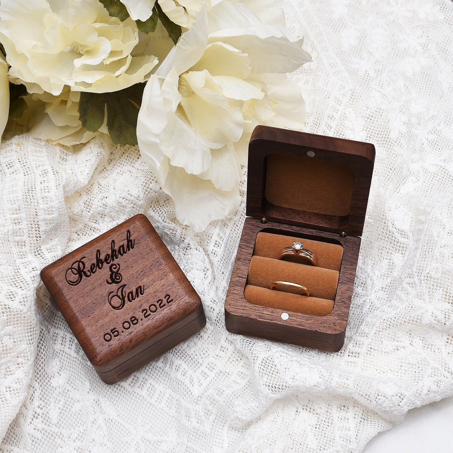 Personalized Wedding Ring Box, Double Custom Wood Ring Box