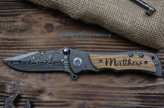 Personalized Folding Knife with Wooden Handle, Engraved Pocket Knife with Belt Clip
